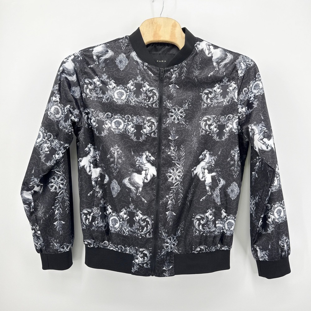 Zara Baroque Equestrian Print Bomber Jacket‎ XXL Black White Horse Knight Zip